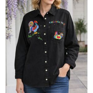 VTG Quacker Factory Black Embroidered Rooster Button Shirt 1X Cotton Fun Top